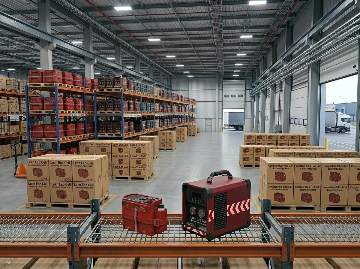 Acil durum ani konuşlandırması için hazır Lean Eco Cell yakıt hücresi üniteleriyle dolu depo