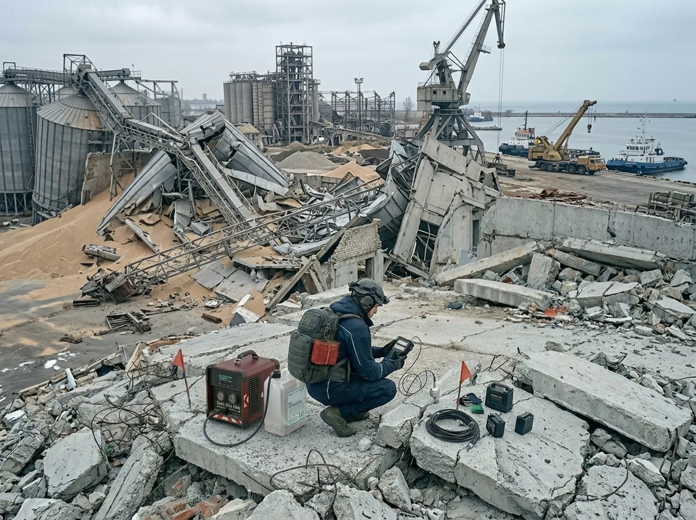 Deprem müdahale sahası: çökmüş endüstriyel yapıların yanında, hayatta kalanları tespit eden ekipmana LEC taşınabilir yakıt hücresiyle güç sağlayan kurtarma çalışanı.