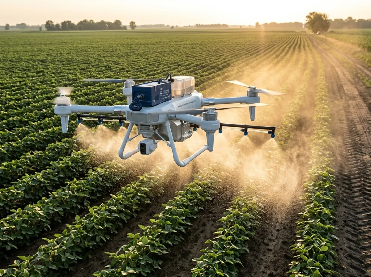 Gün doğumunda ürün sıralarını ilaçlayan LEC yakıt hücresi tarım dronu — multispektral algılama ile büyük tarım arazisinin tek uçuşta kapsanması.