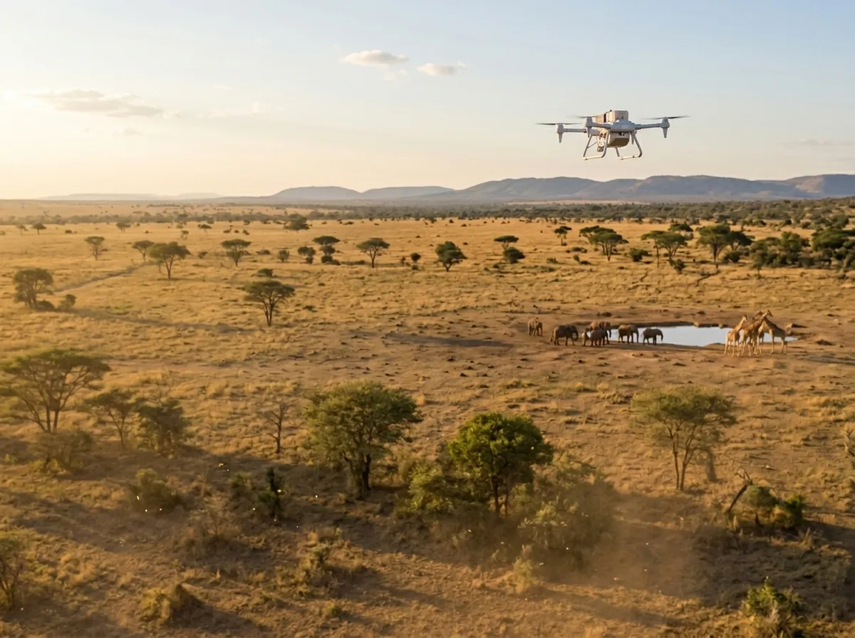 Filler ve zürafaların bulunduğu bir Afrika savanı su birikintisini gözleyen LEC ile çalışan izleme dronu — uzun menzilli yaban hayatı ve çevresel gözlem uçuşları.